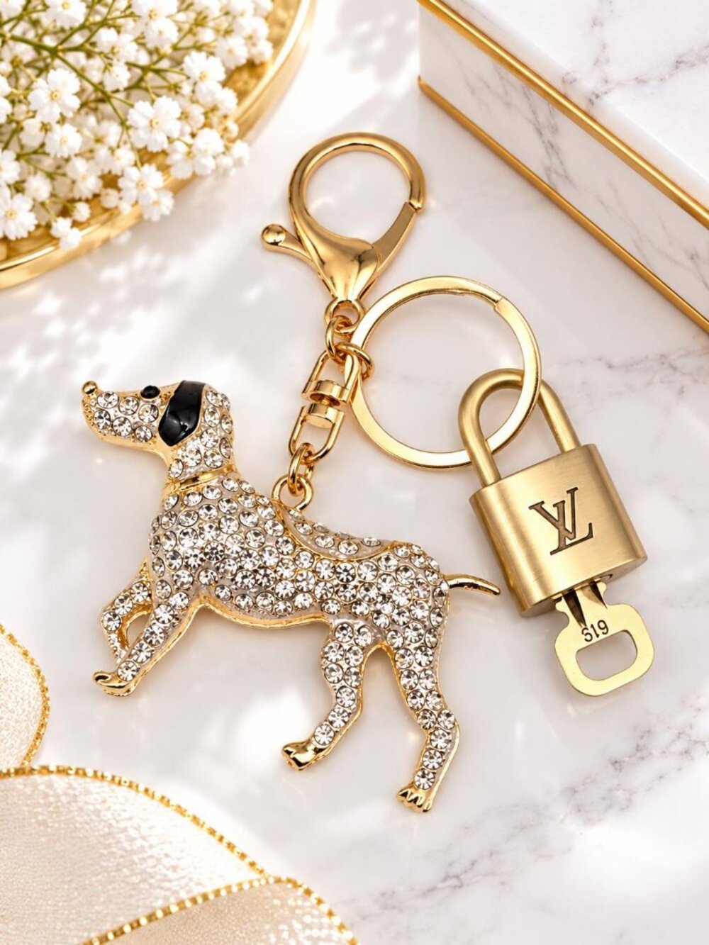 Authentic Louis Vuitton Padlock Gold 🔒 Key Set + Unbranded Dog Keychain Charm
